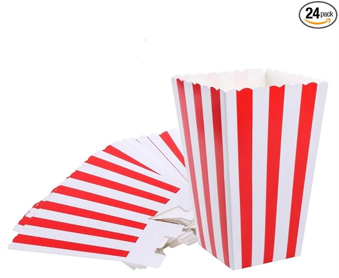 24 Pack Red Striped Popcorn Boxes - Carnival Parties Mini Paper Popcorn and Candy Containers, Party Supplies for Movie Nights