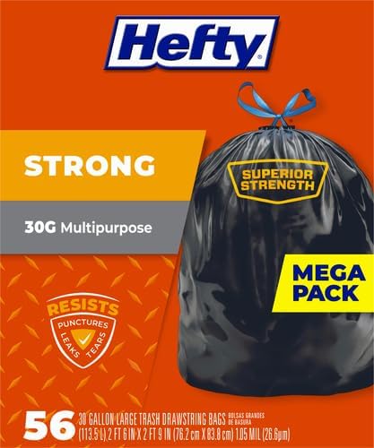 Hefty Strong 30 Gallon Trash Bags, Large Trash Bags 30 Gallon Size, Durable Drawstring Enclosure, Resists Punctures, Leaks, and Tears, Black, Unscented, 56 Bags (Pack of 3)