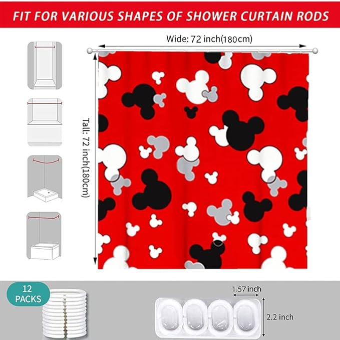 Cartoon Mouse Head Shower Curtain - Kids Bath Curtain Sets - Red Waterproof Polyester Home Bathtub Decor with 12 Hooks ，72x72 Inch