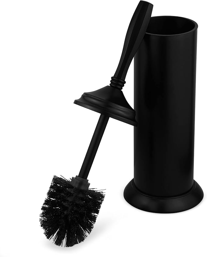 Splash Home Kolva Stainless Steel Toilet Brush with Holder, Bowl Scrubber with Durable Cleaning Bristles, Hidden Brush with Splash Protective Disc Design - Matte Black