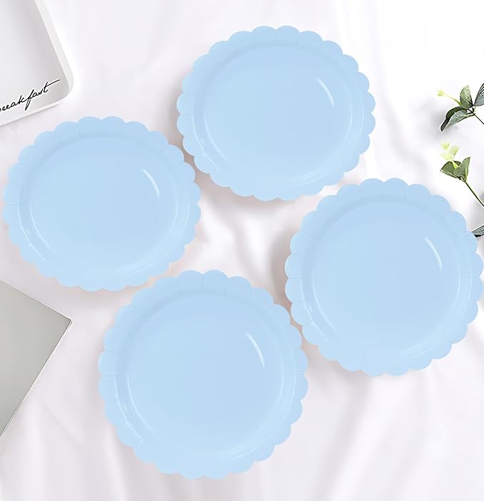 HEIPINIUYE 25 Pieces Light Blue Paper Plates 9 Inch Baby Blue Scalloped Plates Disposable Dinner Plate for Wedding Baby Shower Birthday Party Dessert Plate