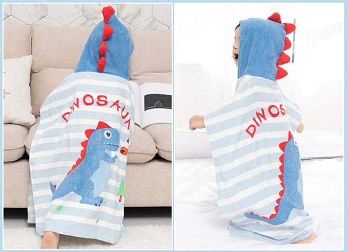 TONWHAR Kids Bath/Pool/Beach Hooded Poncho Towel-Cartoon Animal Pattern Cotton Beach Towel for Baby and Kids (Dinosaur, 5-9 Years/Height:43.3"-51.2")