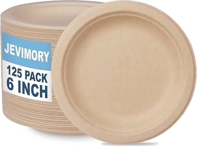 125 Pack 6 inch Paper Plates, Heavy-Duty Disposable Paper Plates 100% Compostable - Biodegradable Bagasse Dessert Plates Bulk for Party, Wedding, Snacks (Natural) (6 Inch 125 Pack Brown)