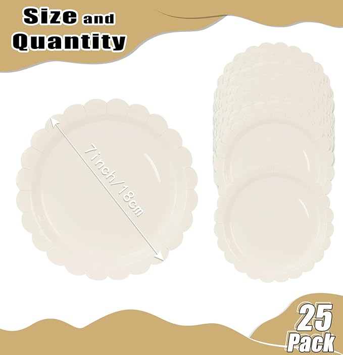 HEIPINIUYE 25 Pieces Ivory Paper Plates 7 Inch Ivory Scalloped Plates Disposable Dinner Plate for Wedding Baby Shower Birthday Party Dessert Plate