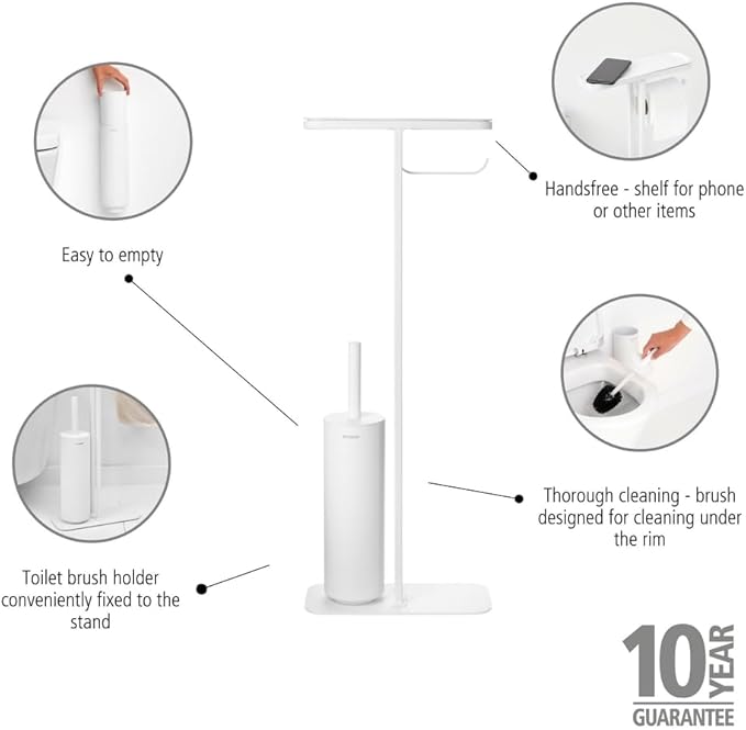 Brabantia Mindset Toilet Butler | Mineral Fresh White | Freestanding All-in-One Bathroom Accessory Set | Toilet Paper Holder Stand, Integrated Shelf & Toilet Brush & Holder | Bathroom Phone Holder