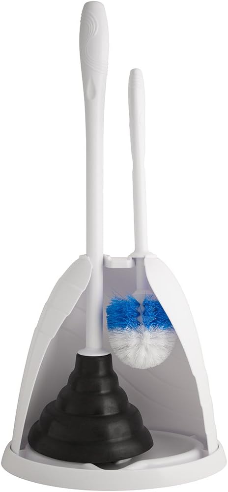 PlumbCraft Heavy-Duty Plunger, Toilet Brush, and Caddy 7506400, Versatile Bathroom Accessory Set and Apartment Must-Have, Toilet Plunger and Brush Set with Durable Hiding Caddy for Sanitary Storage