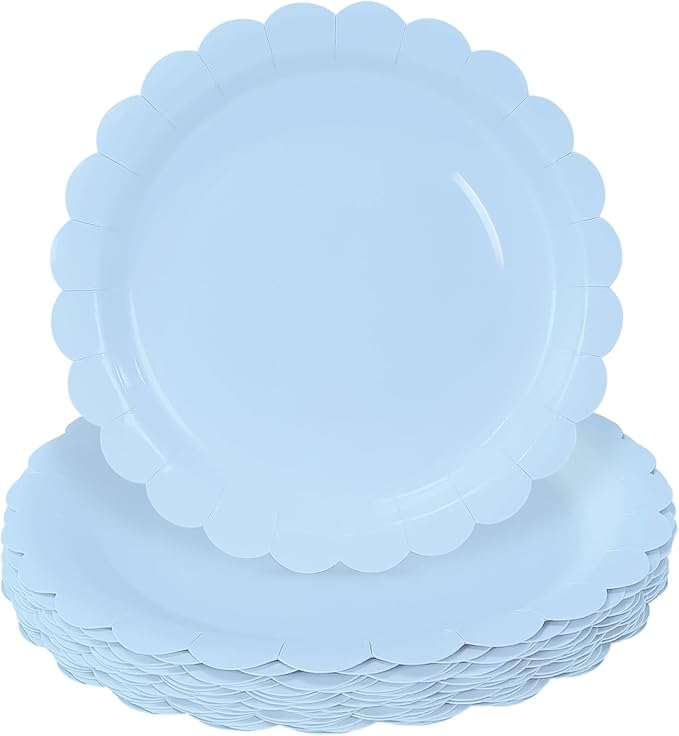 HEIPINIUYE 25 Pieces Light Blue Paper Plates 7 Inch Baby Blue Scalloped Plates Disposable Dinner Plate for Wedding Baby Shower Birthday Party Dessert Plate