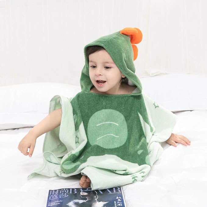 TONWHAR Kids Bath/Pool/Beach Hooded Poncho Towel-Cartoon Animal Pattern Cotton Beach Towel for Baby and Kids (Army Green Dinosaur, 5-9 Years/Height:43.3"-51.2")