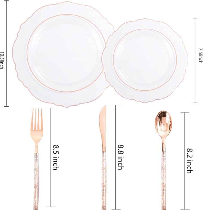 Liacere 150PCS Rose Gold Plastic Plates - Clear Rose Gold Disposable Plates with Glitter Bamboo Handle Cutlery - 60 Baroque Elegant Plates, 30 Forks, 30 Spoons, 30 Knives for Wedding ＆ Party