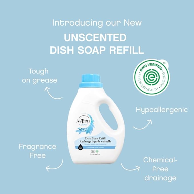 AspenClean | Dish Soap Refill | Unscented | Liquid Dishwashing Detergent Soap | Non - Toxic | 100% Natural | EWG Verified | 64 fl oz each (2-pack)