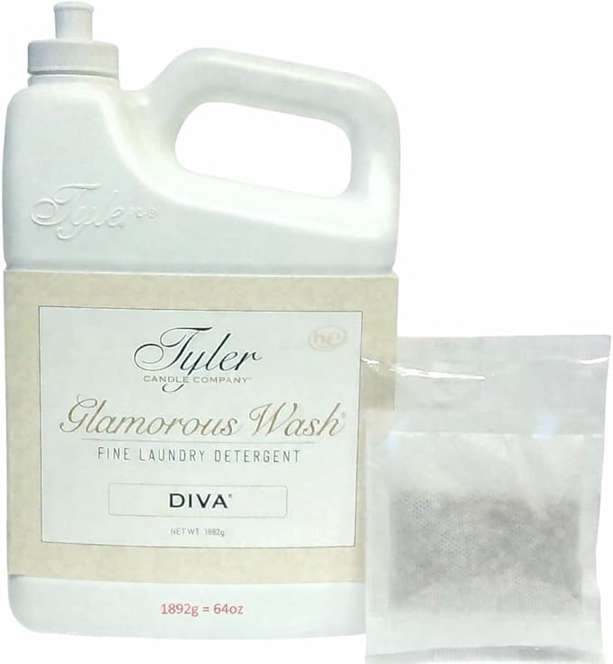 Tyler Candle wash Laundry Detergent, Diva, Liquid, 64 Fl Oz HE Safe w/Dryer Sachet Pouch, Pull and Pour Spill Proof Cap oh
