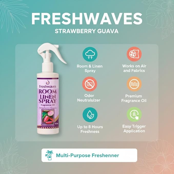 Freshwaves Room & Linen Spray | Strawberry Guava Fragrance Oil | 8oz Air Freshener | Odor Eliminator for Living Room, Bedroom, Bathroom & Office