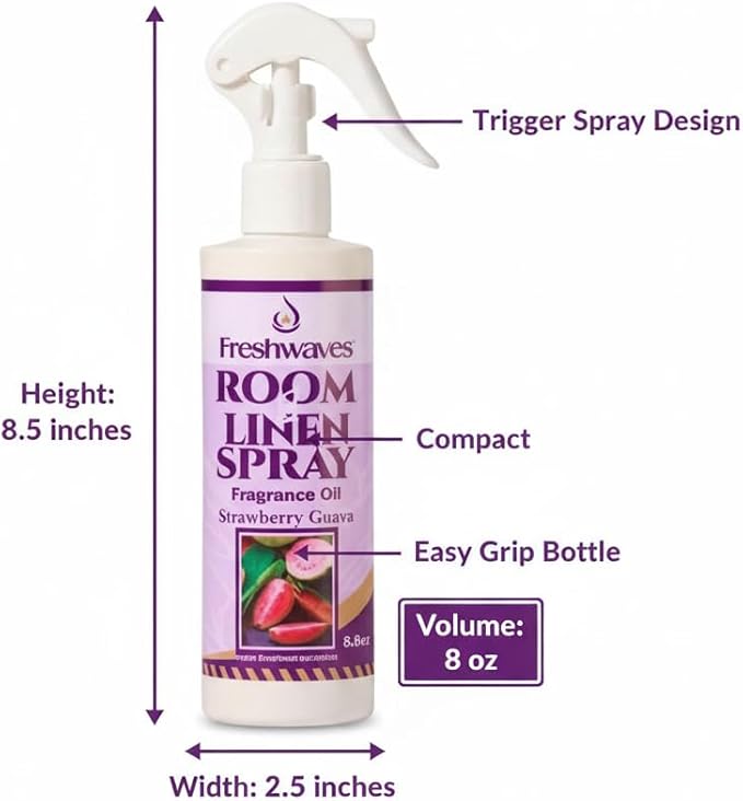 Freshwaves Room & Linen Spray | Strawberry Guava Fragrance Oil | 8oz Air Freshener | Odor Eliminator for Living Room, Bedroom, Bathroom & Office