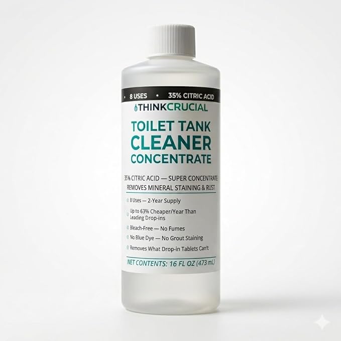 Think Crucial Toilet Tank Cleaner Concentrate — 35% Citric Acid, 8 Uses, Bleach-Free, No Blue Dye, Septic Safe — 16 fl oz