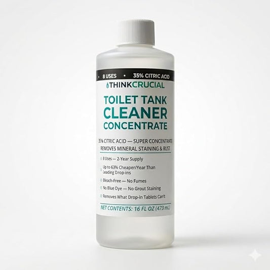 Think Crucial Toilet Tank Cleaner Concentrate — 35% Citric Acid, 8 Uses, Bleach-Free, No Blue Dye, Septic Safe — 16 fl oz