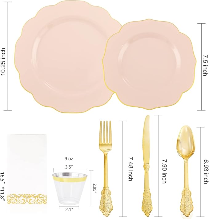 NOCCUR 175PCS Pink Plates with Gold Disposable Silverware - Include 50 Pink Plastic Plates,25 Knives,25 Forks,25 Spoons,25 Cups and 25 Napkins - Ideal for Party/Wedding/Banquet/Baby Shower