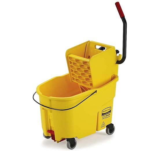 Rubbermaid Commercial Products WaveBrake 44 QT Side-Press Mop Bucket and Wringer Combo on Wheels with Foot Drain Yellow for Heavy-Duty Floor Cleaning