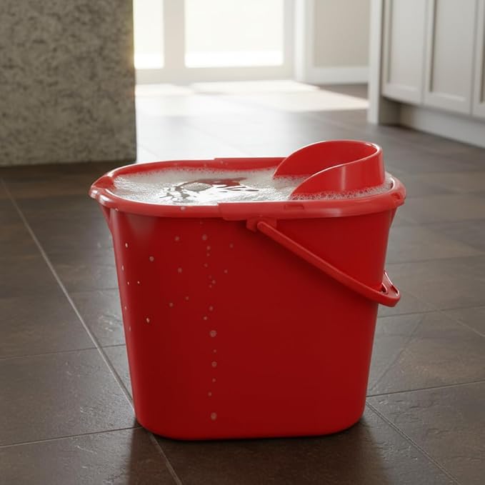 Condor Professional Bucket with Drainer, Red Plastic Mop Bucket, Built-in Measuring Scale, Cleaning Container