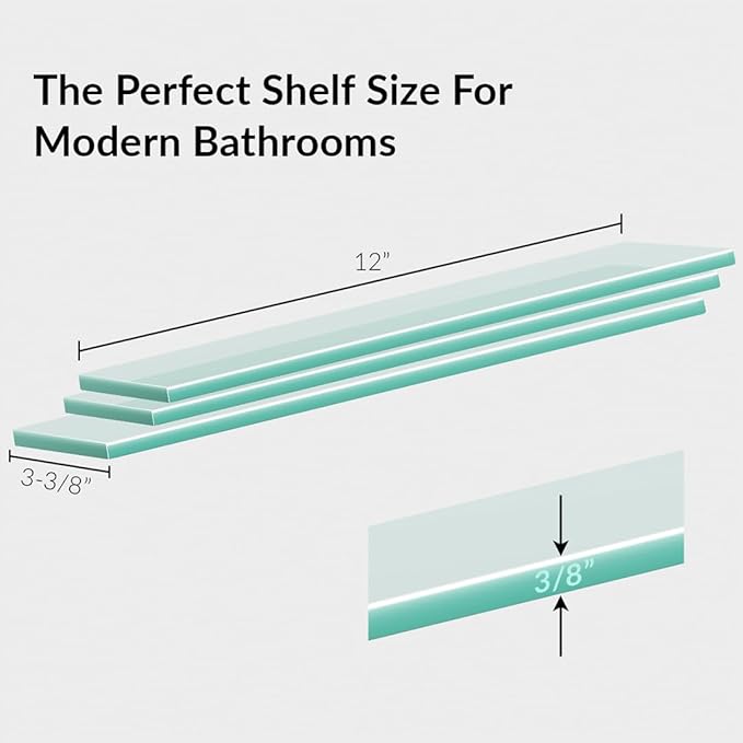 M-D Glass Shelf | Tempered Bathroom Shelf 12" x 3-3/8" | Ultra Slim, Break-Resistant, Easy Install | Modern DIY Storage Décor & Organization
