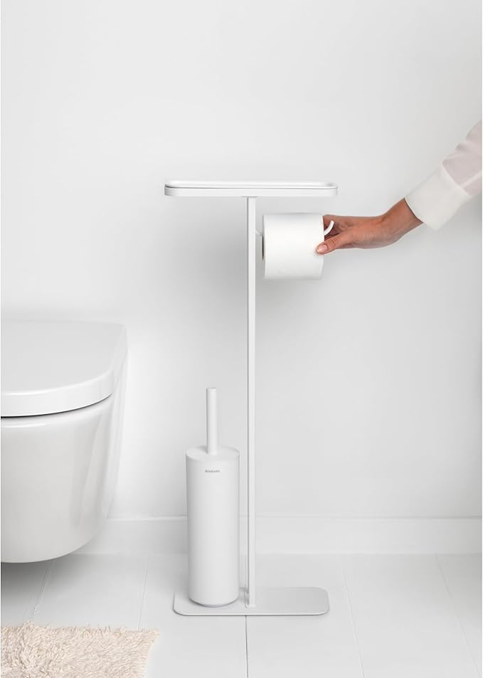 Brabantia Mindset Toilet Butler | Mineral Fresh White | Freestanding All-in-One Bathroom Accessory Set | Toilet Paper Holder Stand, Integrated Shelf & Toilet Brush & Holder | Bathroom Phone Holder