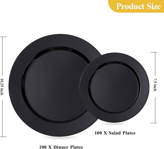 Goodluck 200PCS Black Plastic Plates, Heavy Duty Disposable Black Plates with 100 10.25 inch Dinner Plates and 100 7.5 inch Dessert Plates for Party, Holiday, Wedding