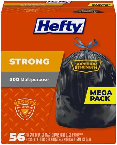 Hefty Strong 30 Gallon Trash Bags, Large Trash Bags 30 Gallon Size, Durable Drawstring Enclosure, Resists Punctures, Leaks, and Tears, Black, Unscented, 56 Bags (Pack of 3)