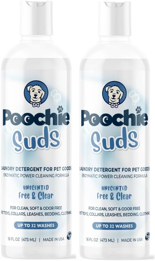 Poochie Suds Pet Laundry Detergent, Enzyme Cleaner and Odor Remover, Hypoallergenic and Fragrance-Free Pet Safe Detergent for Dog and Cat Bedding, Blankets, Toys and Gear, Made in USA, 16 fl oz