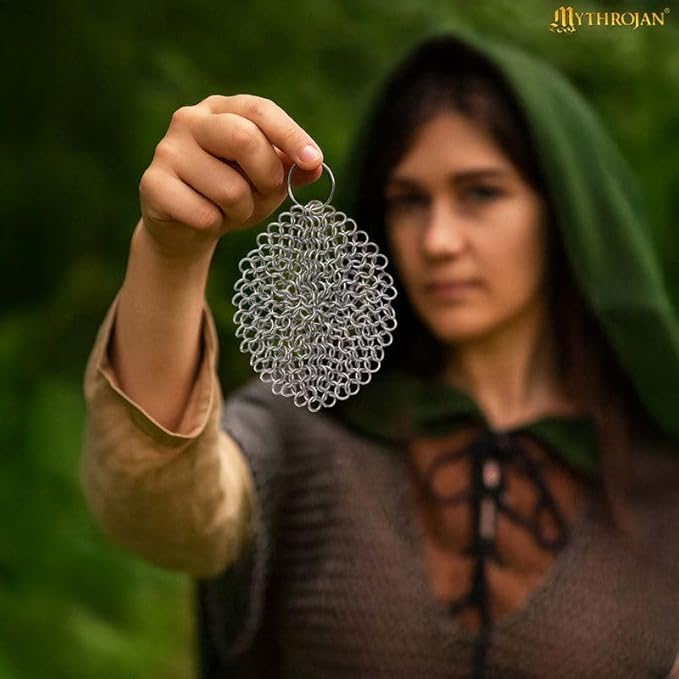 Mythrojan Cast Iron Cleaner, 7 Inches Stainless Steel Round Chainmail Scrubber For Cast Iron Pan Skillet, Wok, Pot, Pan; Pre-Seasoned Pan Dutch Ovens Waffle Iron Pans Scraper Cast