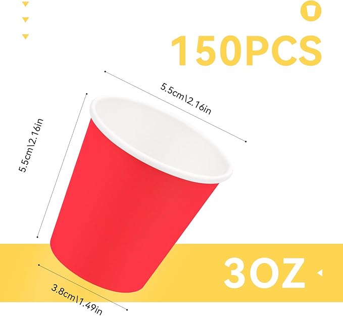 150 Pack 3oz Bathroom Cups, 3oz Paper Cups, Mouthwash Cups, Small Paper Cups Ideal for Bathroom,Supermarket,Birthday Party,Picnic and BBQ (Red)