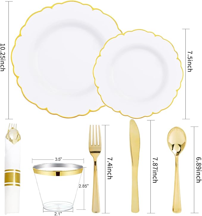 Morejoy 175PCS Gold Plastic Plates，White Gold Disposable Plates with Pre Rolled Napkins:25 Dinner Plates,25 Dessert Plates,25 Spoons,25 Forks,25Knives,25Cups,25Napkins for Party & Mother's Day