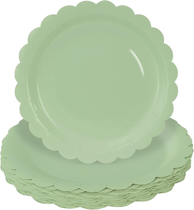 HEIPINIUYE 25 Pieces Sage Green Paper Plates 9 Inch Sage Scalloped Plates Disposable Dinner Plate for Wedding Baby Shower Birthday Party Dessert Plate