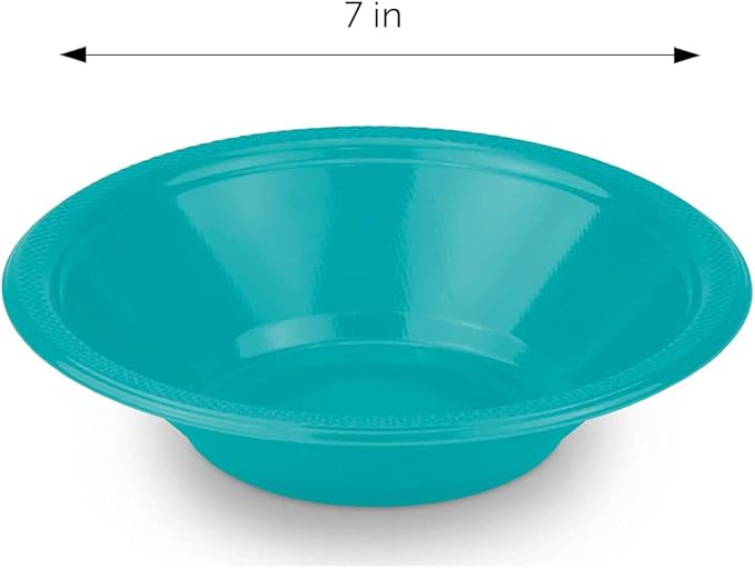 DecorRack 24 Small Plastic Bowls, 7 inch Disposable 12 oz Serving Bowl, Fruit Snack, Popcorn, Soup, and Salad, Kids Birthday and Holiday Party Supplies, Turquoise (Pack of 24)