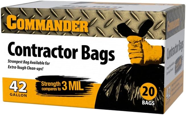 Commander 42 Gallon 3 MIL Black Contractor Bags With Hand Tie - 32" x 44" - Pack of 20 - For Industrial, Commercial, Janitorial, & Construction