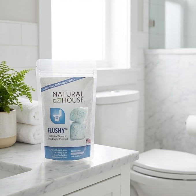 Natural House Flushy - Plant-Based Enzyme Foaming Toilet Bowl Cleaner - Removes Hard Water Stains, Calcium, Rust - Septic-Compatible, Plumbing-Friendly - Fresh Mint Scent - 20 Pack