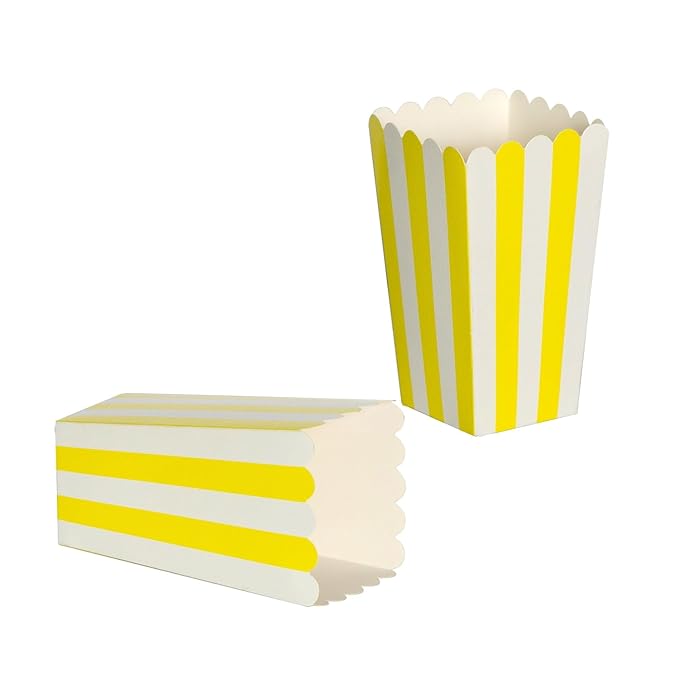 XIEHE 24 Pack Striped Popcorn Boxes - Carnival Parties Mini Paper Popcorn and Candy Containers, Party Supplies for Movie Nights (Yellow)