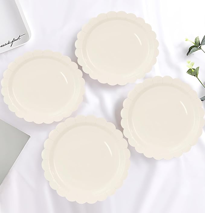 HEIPINIUYE 25 Pcs Ivory Scalloped Paper Plates 9 Inches Disposable Paper Party Plates for Cake Dessert Baby Shower Wedding Birthday Party Supplies
