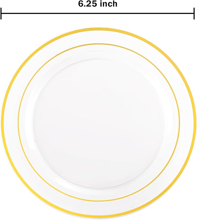 bUCLA 100 Pieces Clear Gold Plastic Plates Disposable - 6.25 Inch Clear Plastic Dessert Plates with Gold Trim for Party, Wedding & Thanksgiving