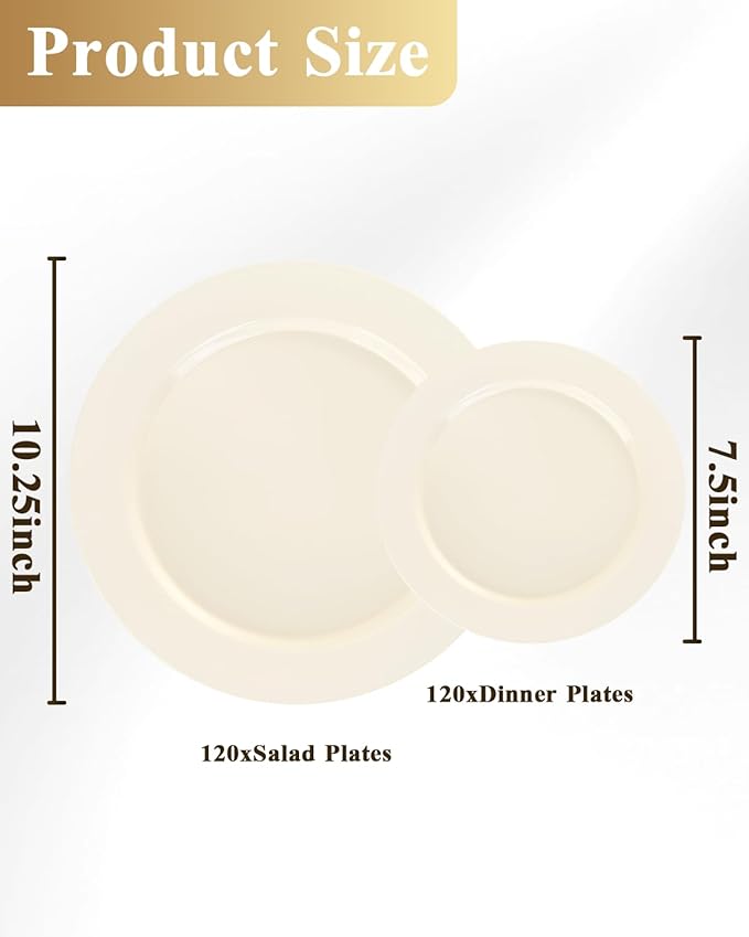 Goodluck 120 PCS Ivory Plastic Plates, Heavy Duty Disposable Ivory Plates with 60 10.25 inch Dinner Plates and 60 7.5 inch Dessert Plates for Party, Holiday, Wedding