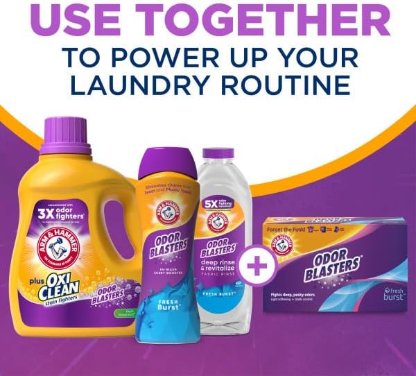 ARM & HAMMER Plus OxiClean with Odor Blasters Liquid Laundry Detergent, Laundry Odor Remover, Attacks Stains, Fresh Botanical Scent, 74 Loads, 96.2 Fl Oz