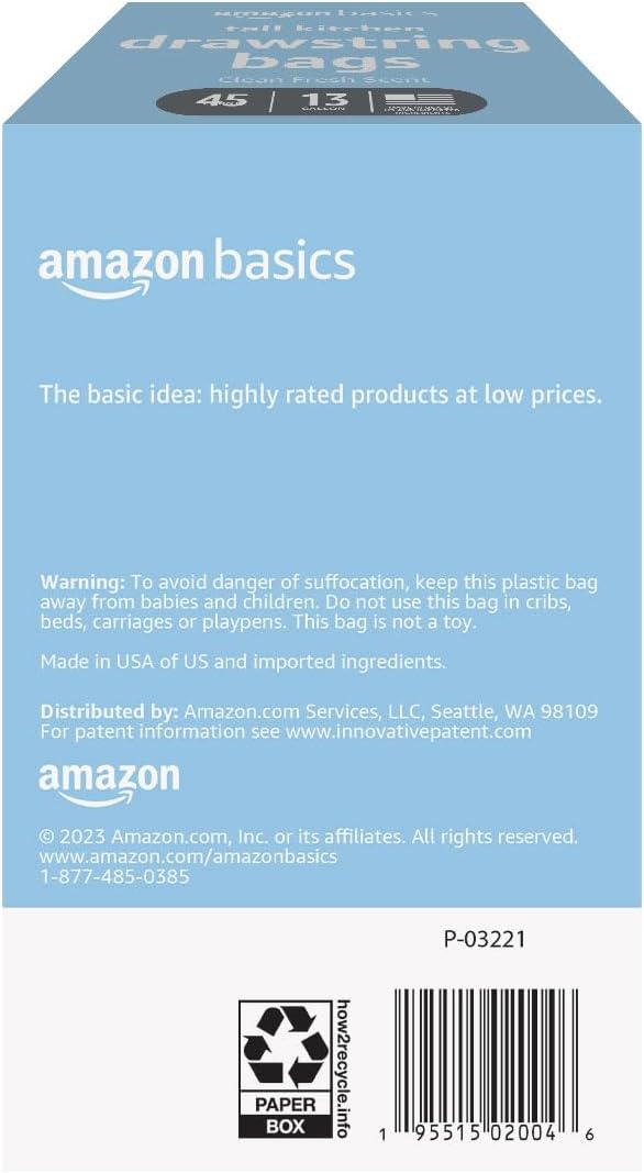 Amazon Basics Tall Kitchen Drawstring Trash Bags, Clean Fresh Scent, 13 Gallon, 45 Count (Previously Solimo)