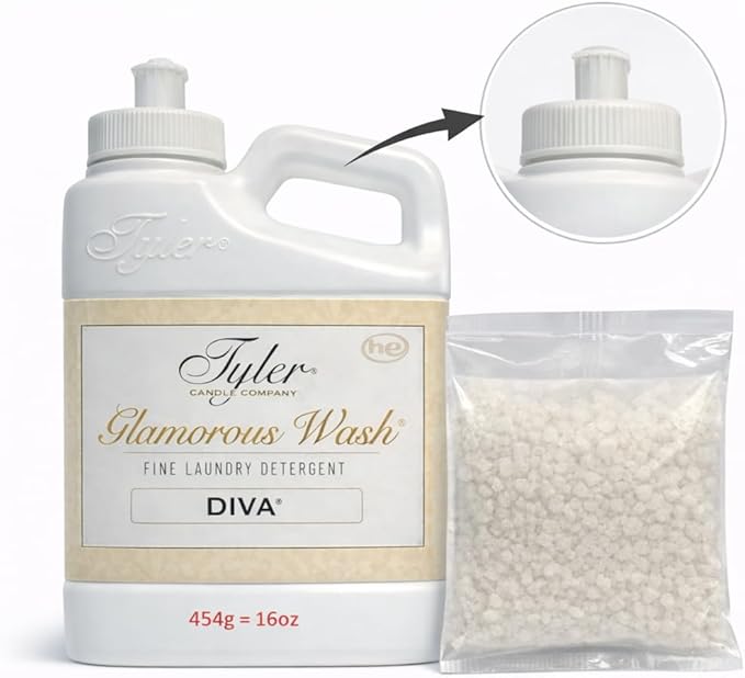 Tyler Candle Glamorous Liquid Wash Detergent Wash, Liquid, Diva, 16 Fl oz/with Dryer Sachet Single Pouch, Pull and Pour Spill Proof Cap oh