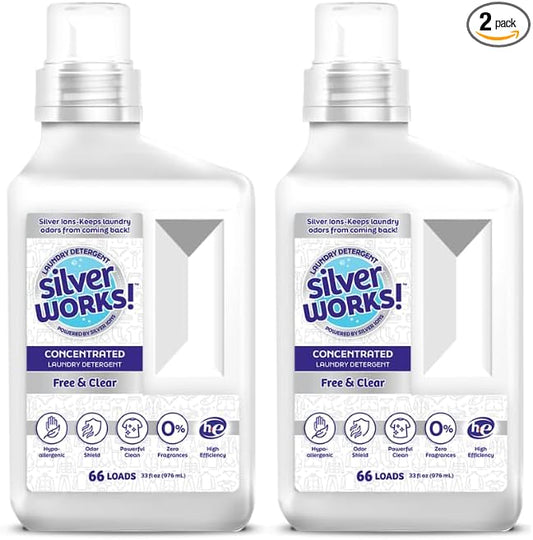 SilverWorks! Powerful Odor Eliminating Laundry Detergent Liquid, Silver Ion Technology, Laundry Odor Eliminator For Clothes, Cleans, Deodorizes & Protects, 33 fl oz, 66 Loads, Free & Clear, Pack of 2