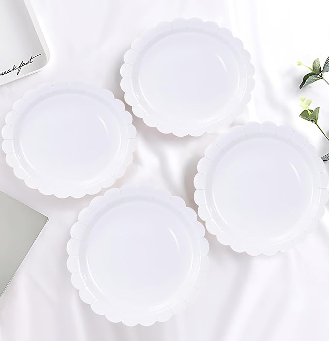 HEIPINIUYE 25 Pieces White Paper Plates 9 Inch White Scalloped Plates Disposable Dinner Plate for Wedding Baby Shower Birthday Party Dessert Plate