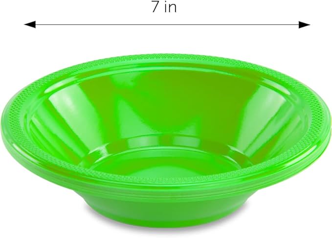 DecorRack 24 Small Plastic Bowls, 7 inch Disposable 12 oz Serving Bowl, Fruit Snack, Popcorn, Soup, and Salad, Kids Birthday and Holiday Party Supplies, Lime Green (Pack of 24)