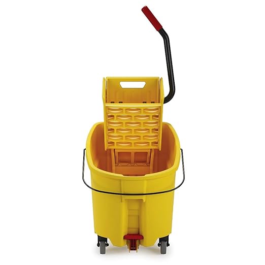 Rubbermaid Commercial Products WaveBrake 44 QT Side-Press Mop Bucket and Wringer Combo on Wheels with Foot Drain Yellow for Heavy-Duty Floor Cleaning