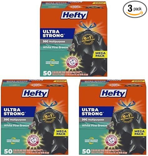 Hefty Ultra Strong Trash Bags, Large, White Pine Breeze | 30 Gallon | Multipurpose | Black | 50 Count, Pack of 3