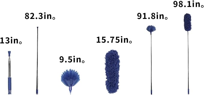 ZZ LAZYCOTTAGE Cobweb Duster with Extension Pole, Washable Cleaning Duster Kit with 2 Duster Heads, Cobweb Duster, Corner Brush, Aluminum Telescoping Pole for Ceiling Fan (Blue)