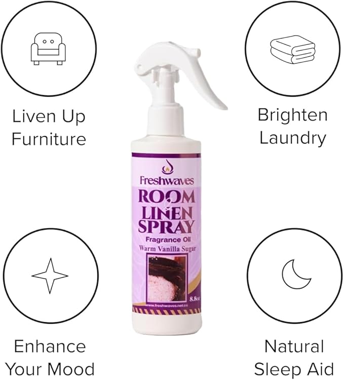 Freshwaves Room & Linen Spray | Warm Vanilla Sugar Fragrance Oil | 8.8oz Air Freshener | Odor Eliminator for Living Room, Bedroom, Bathroom & Office | Trigger Spray Bottle