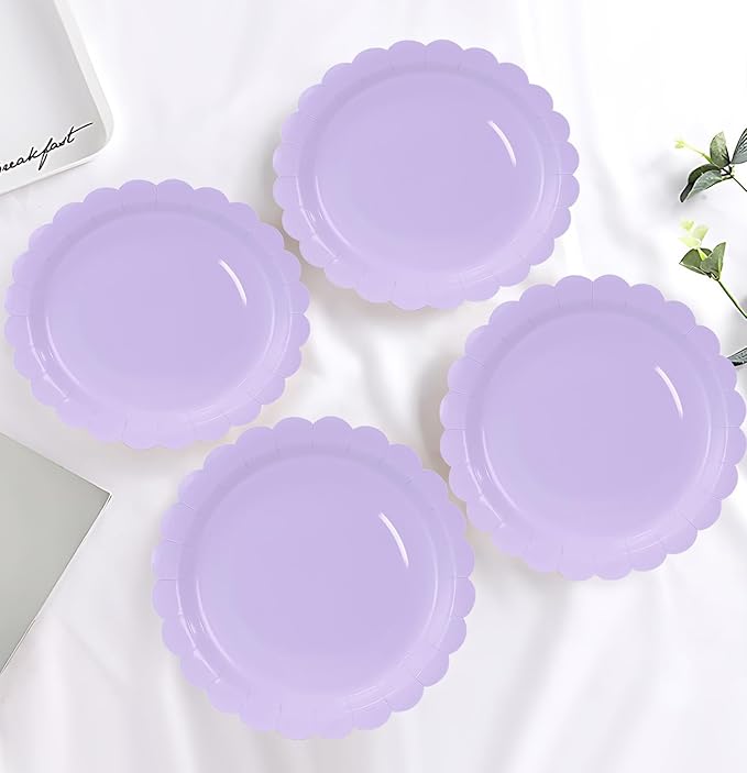 HEIPINIUYE 25 Pieces Light Purple Paper Plates 9 Inch Lavender Scalloped Plates Disposable Dinner Plate for Wedding Baby Shower Birthday Party Dessert Plate