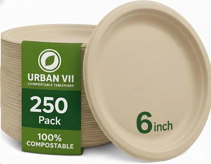 6-Inch Compostable Paper Plates [250-Pack] – Heavy-Duty Disposable Bagasse (Sugarcane Fiber) Plates, Eco-Friendly Biodegradable Dinnerware, Microwave-Safe & Leak-Proof